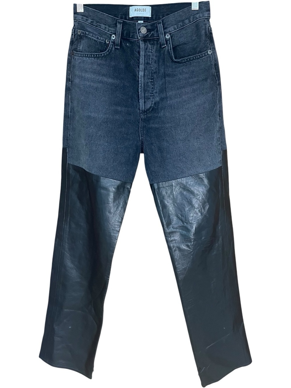 Agolde 90’s Pinch Waist Pieced Two-Tone Leather-Panel Denim Jeans Black